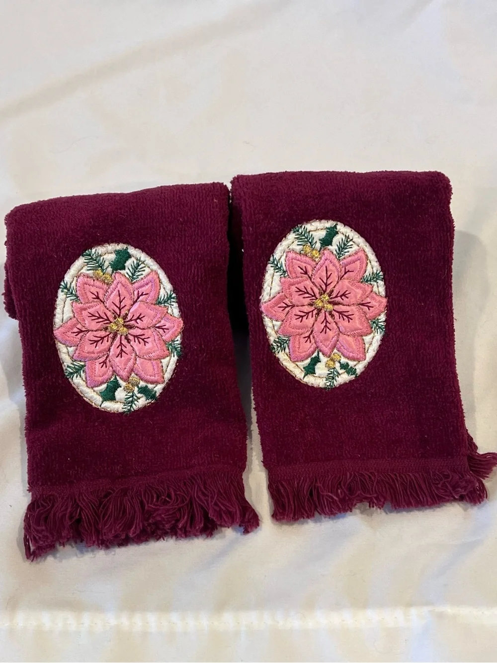 Vintage Burgundy Poinsettia Embroidered Hand Towels Set of 2 USA